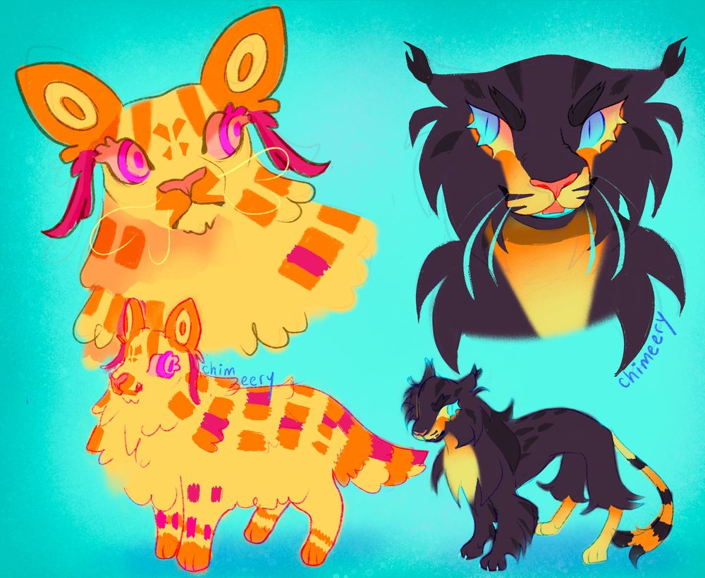 A pair of Mothwing and Hawkfrost redesigns. Mothwing is a large fluffy orange and yellow tabby with pink ringed eyes. Hawkfrost is a dark brown tabby with yellow and orange patches. He has sharp cyan eyes with yellow schleras.