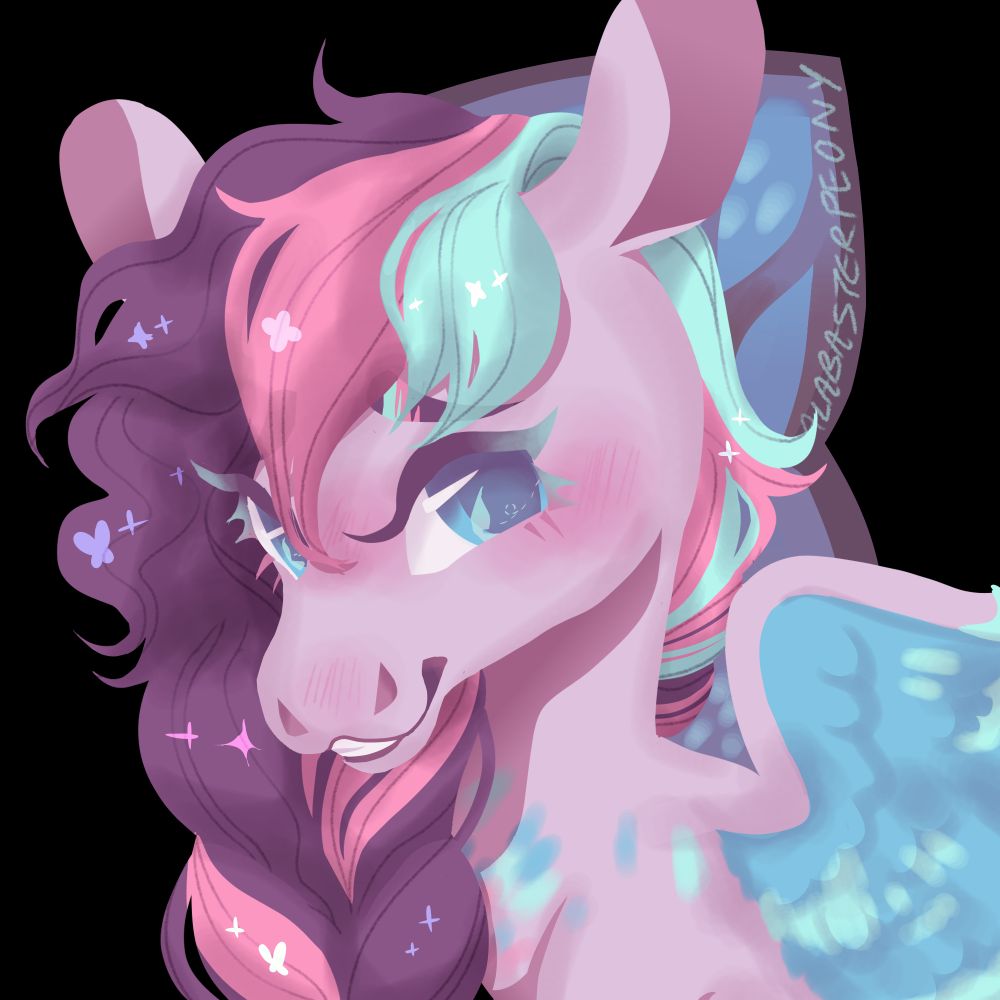 The redraw headshot. A lilac colored pony bashfully smiling up at the viewer. Her purple, pink, and mint hair is loosely braided and her blue wings are outstretched. There are sparkle and butterfly accents throughout the piece.