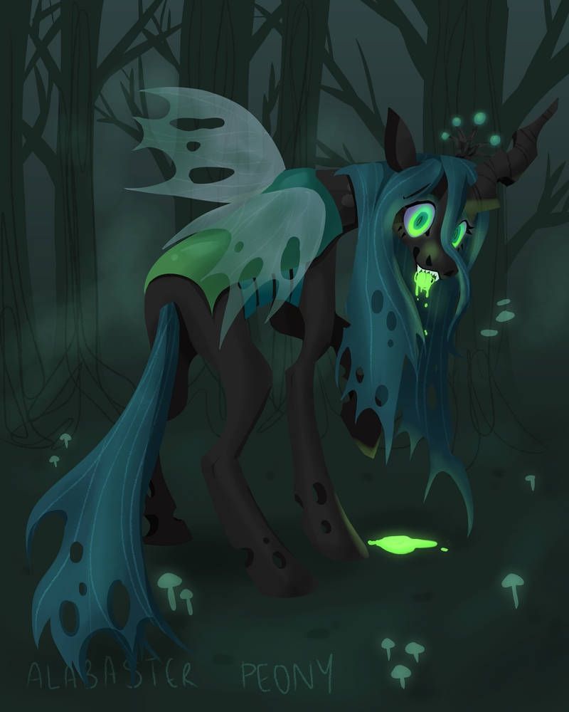A full body of queen chrysalis, standing in a foggy forest filled with bare trees and mushrooms. She is standing facing away but her head is craned back and staring at the viewer. Her mouth is dripping with glowing green poison and her eyes are wide and glowing as well. 
