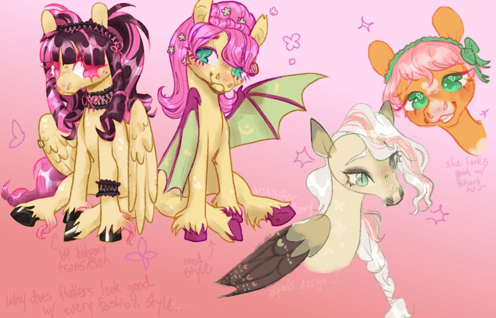 A series of fluttershy redesigns. Two full bodies, one of a pegasus fluttergoth with streaked pink and black hair, and a mod flutterbat with a moth aesthetic. There are two headshots, one is a pixie cut fluttershy and the other is of a fluttershy with a long beige braid and butterfly -inspired bat wings.