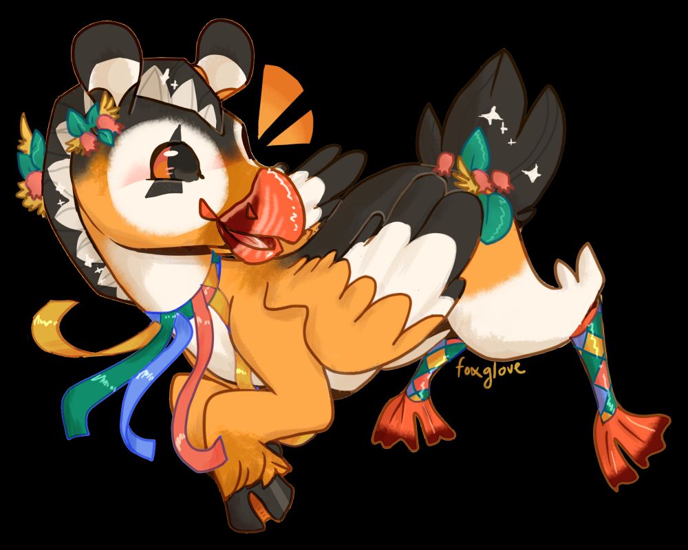 A cartoon creature that is part puffin and part fjord horse. He has the body of a horse with a puffin beak and back legs, and small outstretched wings. His mane and tail are dotted with flowers and ribbons entwine his legs and neck. He looks very happy with big shiny orange eyes.
