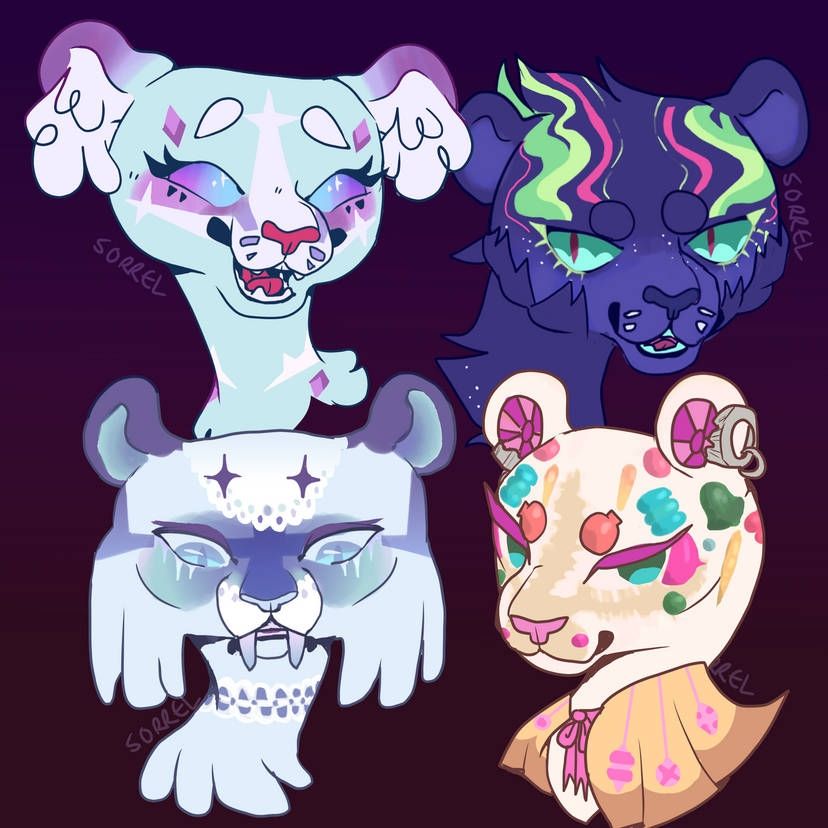 Four headshots of colorful big cats. Top left is a light blue snow leopard with sharp white and purple markings and luminous purple and blue eyes. Top right is an indigo tiger with tufts of fur, and wavy pink and green markings resembling the northern lights. Bottom left is a sabertooth with blue and green lacy markings. Bottom right is a cream colored leopard with colorful ornament shaped markings and with a golden cape.