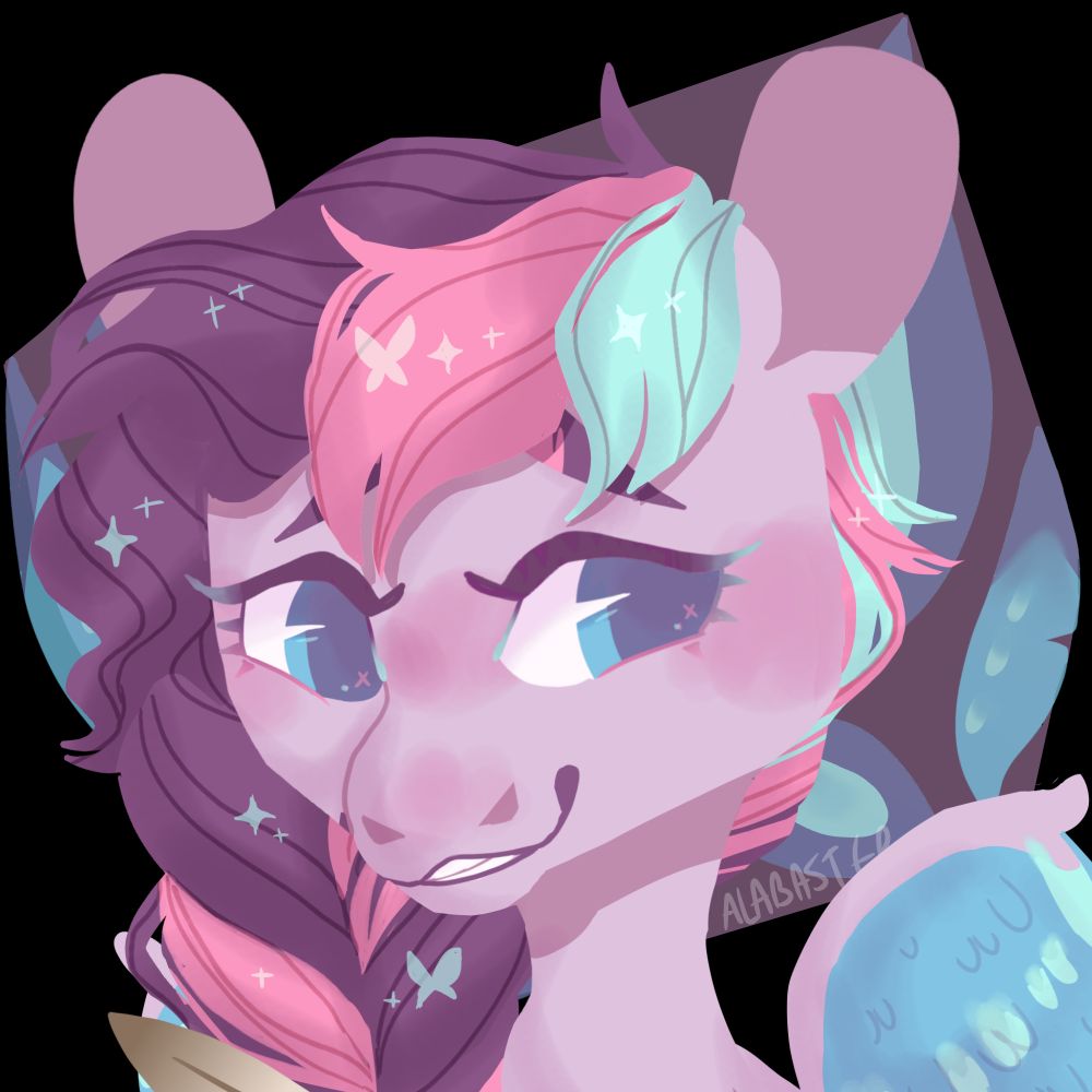 The original headshot. A lilac colored pony smiling and blushing and looking to the right. Her purple, pink, and mint hair is loosely braided and bangs frame her face. Her blue wings are slightly outstretched, and there are butterfly accents in the background and in her hair.