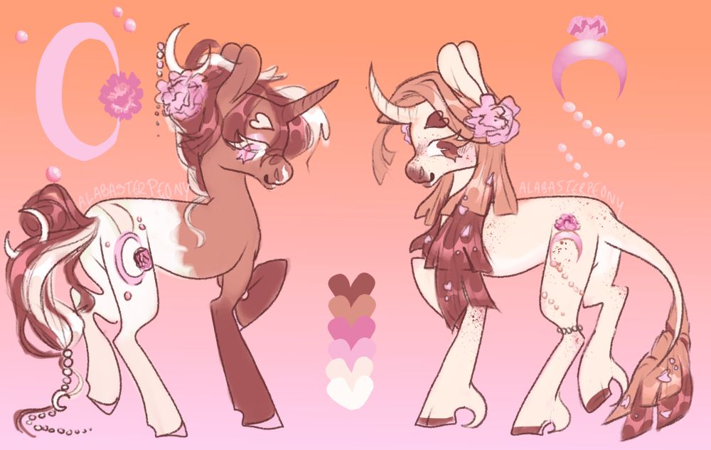 Two full body pony designs. The left design is a brown and white unicorn with a split mane in similar colors. Her eyes are pink and her hair is piled up with moon and pearl accents. The right design is a cream colored unicorn with brown eyes and a brown muzzle. Her mane is choppy, with light brown on top and dark brown below. Their cutie marks both include a peony and moon, with pearl accents.