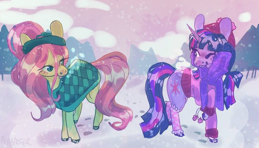 A doodle of fluttershy and twilight sparkle. They are dressed for the snowy landscape they are in, with twilight bundled up in pink and purple accessories including a hat, scarf, sweater, and socks. Fluttershy is wearing a headband, scrunchy, and checkered horse blanket.