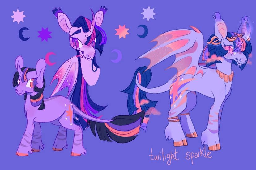 There are three twilight redesigns. Twilight as a unicorn is a dusky purple with barring on her legs. She has pink eyes and dark blue, pink, and purpled streaked hair. There is a headshot of her as a batpony with long vibrant streaked hair. Her full body alicorn form is a pale purple with peach and purple accents. Her bat wings are translucent peach. Her choppy short hair is dotted with tiny stars and clouds and she smiles knowingly at the audience.