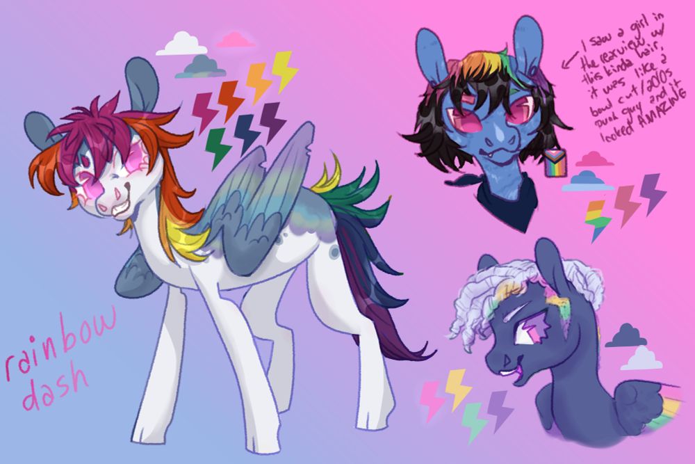 3 redesigns of Rainbow Dash. One full body where she is a blue and white pinto with a pink, orange, and yellow mane and a green, blue, and purple tail. She is grinning cheekily with a gap-toothed smile and sharp pink eyes. The upper headshot is of a blue brindled dash with black hair with rainbow roots. She is holding a pride flag and wearing a bandana. The other headshot is of a blue-gray dash with white dreads which are rainbow underneath.