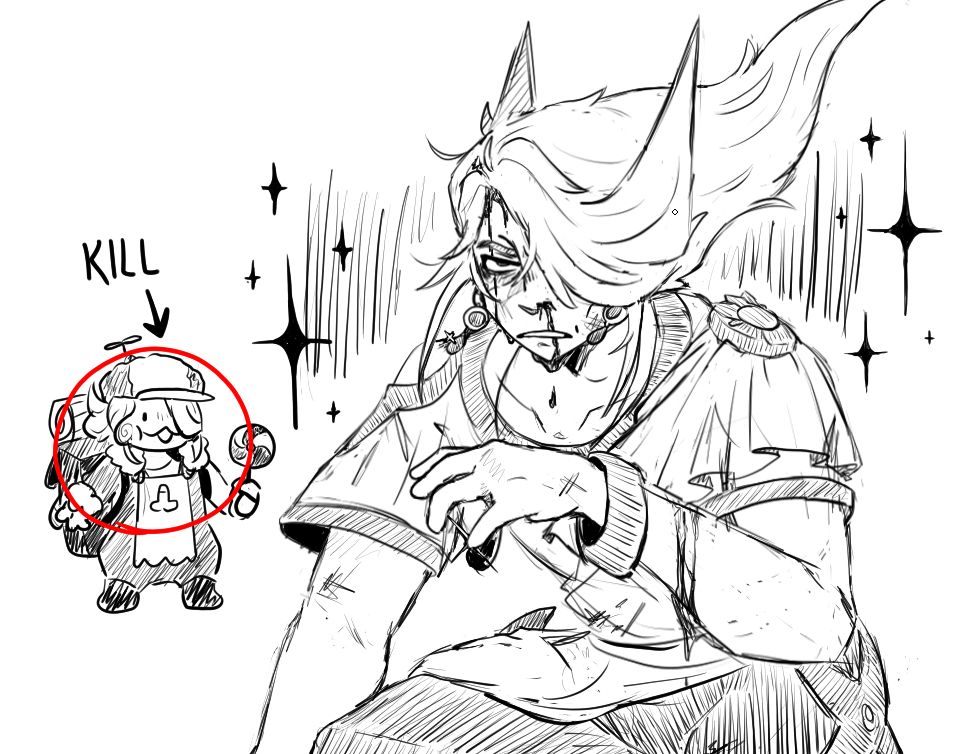 A digital achromatic sketch of Volo from Pokémon Legends: Arceus in his postgame outfit. He's kneeled over with an indignant facial expression, various scrapes and injuries visible on his skin. Blood drips down from his forehead, nose, and a wound on his left forearm.

Beside the drawing is a smaller doodle of Volo in his merchant outfit. He smiles while wearing a propeller hat and holding a lollipop. The doodle is outlined by a red circle, an arrow pointed at Volo with the word "KILL" written above it.