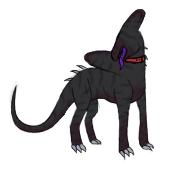 A drawing of a quadruped alien creature. It lacks eyes, has a medium sized snout, and stripped tongue. It features a frill on his head and back to held sense vibrations. (Forgive the old art, these dudes are due for a new ref)