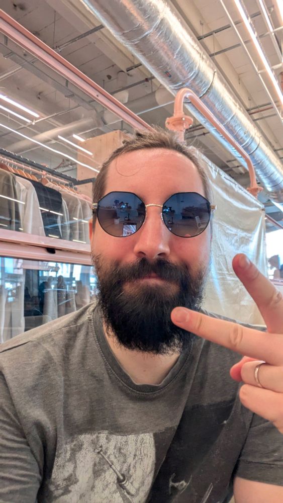 A picture of me, wearing sunglasses, and making a v-sign with my hand.