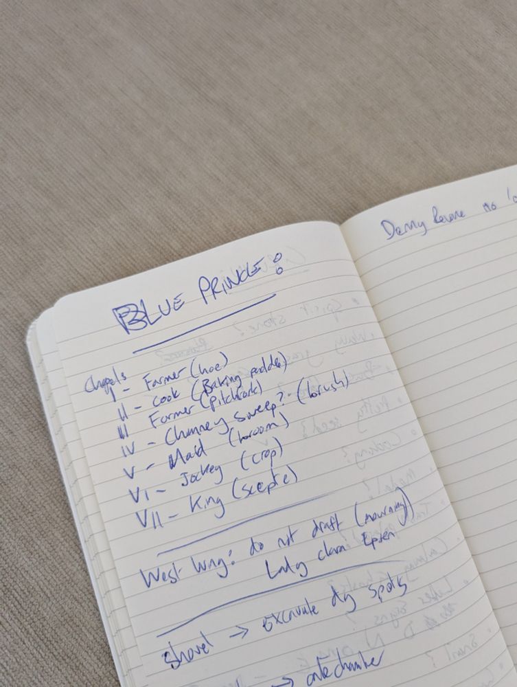 A scribbled page of assorted notes for the video game Blue Prince written untidily in a notebook 