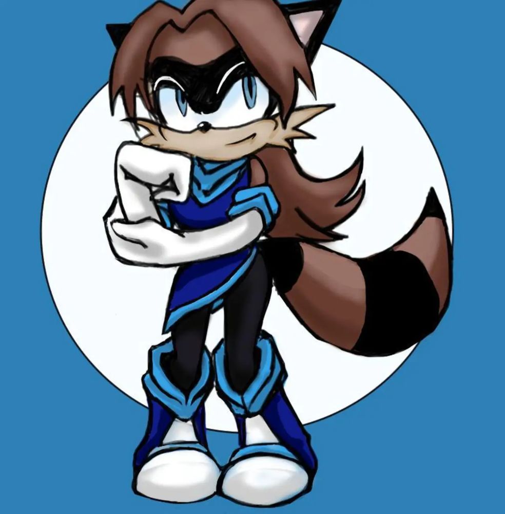 A brown and black raccoon with blue eyes, a blue dress with black leggings and long gloves. The boots are knee high with light and dark blues. Background is a white circle with blue