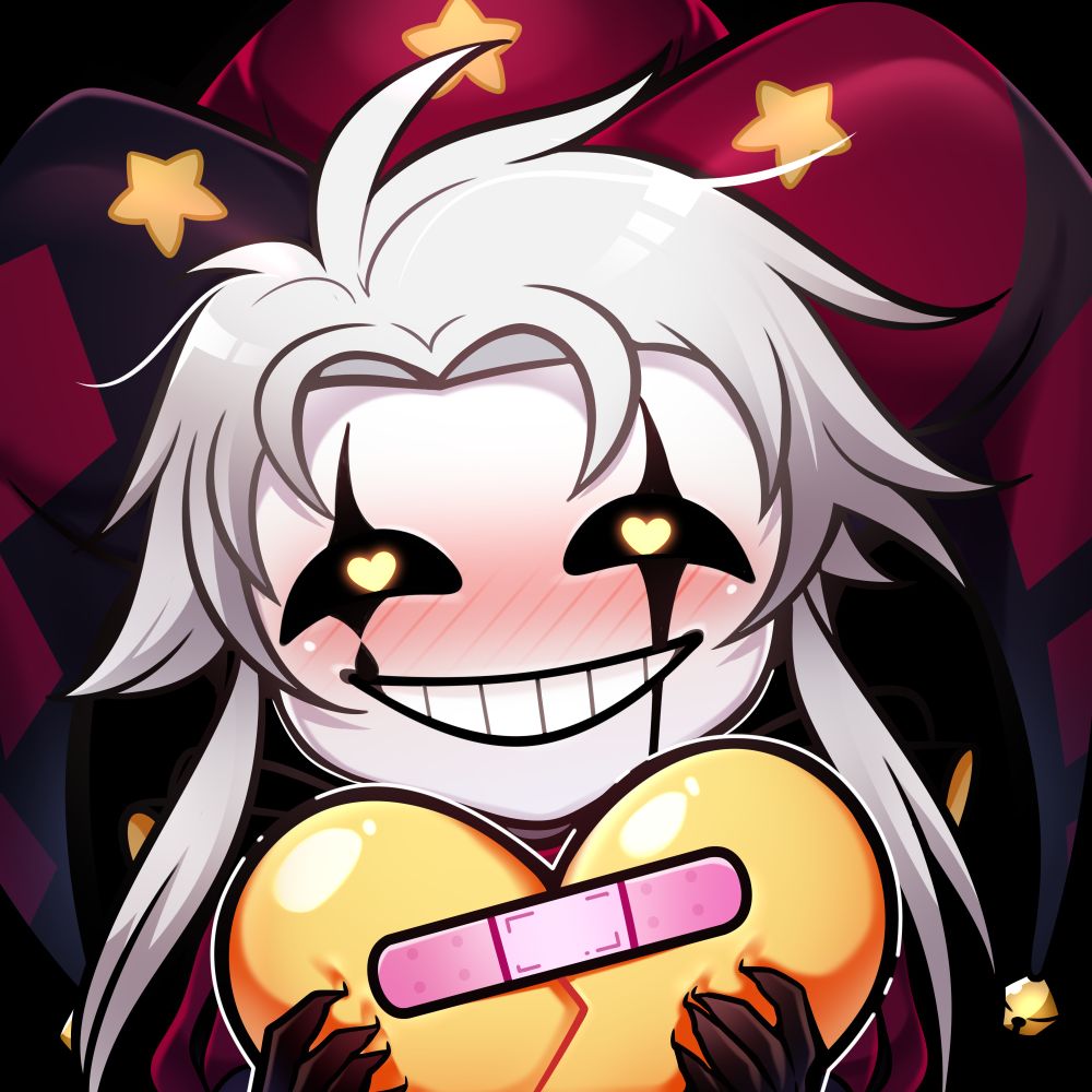 A circus character named Pierrot from the game The Freak Circus by Neko Bueno holding a yellow heart with a bandage on it.