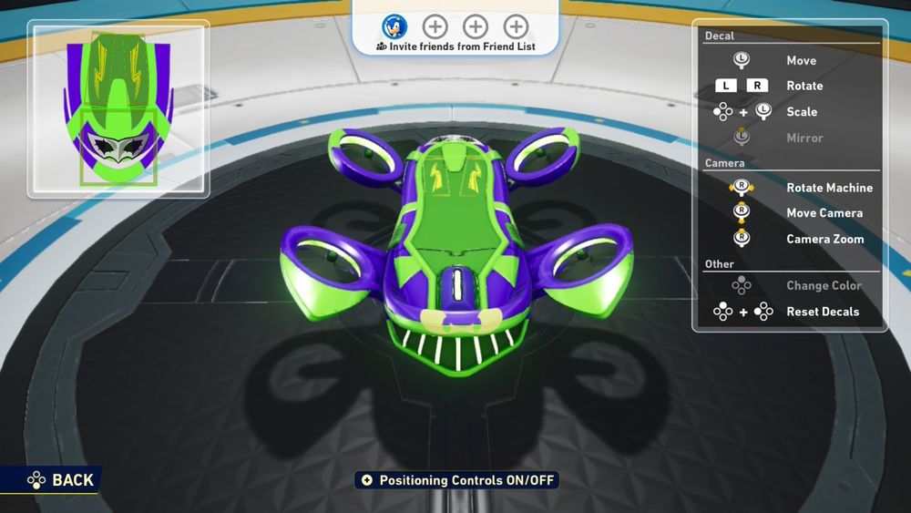Sonic eyes are above the back grill. Yellow bolts can be seen going toward the Joker side.