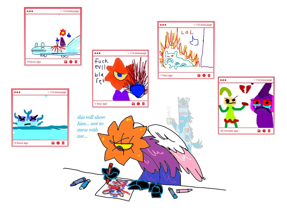 drawn in ms paint. auglur from my singing monsters sending me anon hatemail, unaware of my agent of evil and destruction looming in the background.