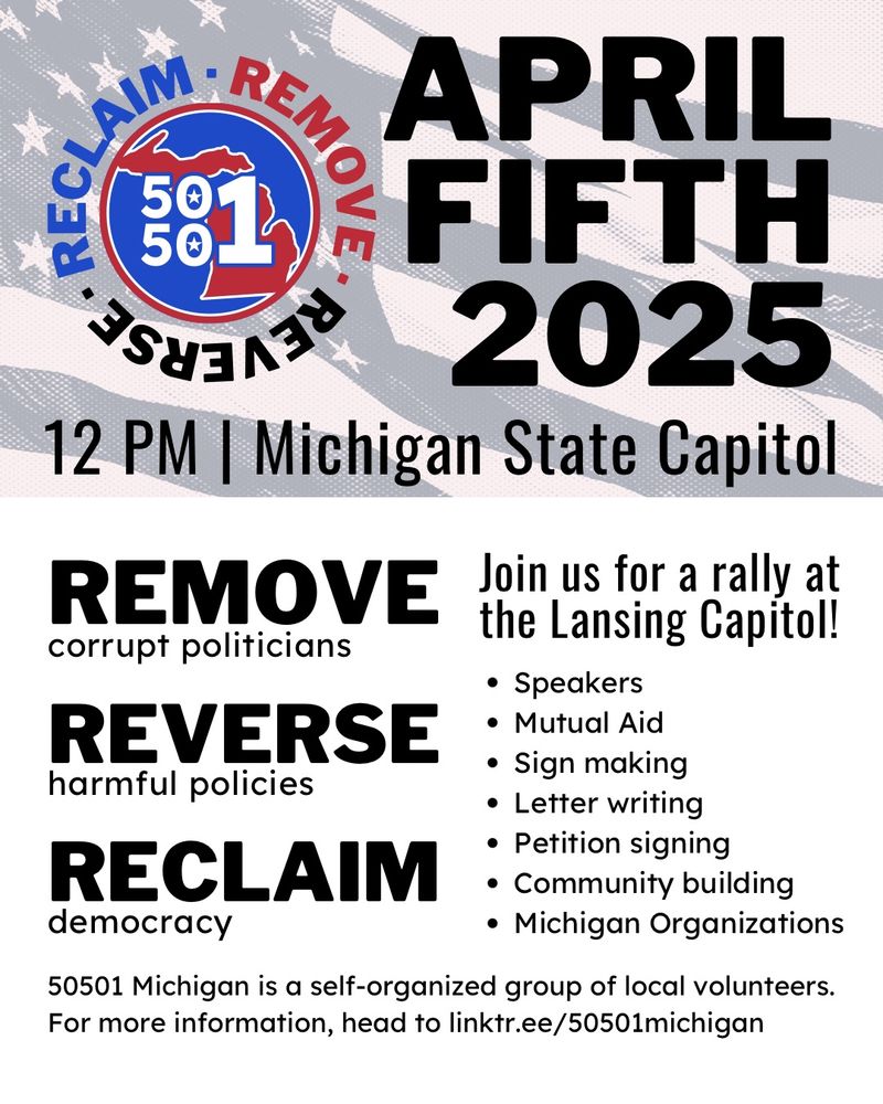 Flyer for April 5 rally at Michigan State Capitol in Lansing!
