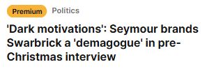 article thumbnail for premium politics story on nz herald

headline: 
"'Dark motivations': Seymour brands Swarbrick a 'demagogue' in pre-Christmas interview"