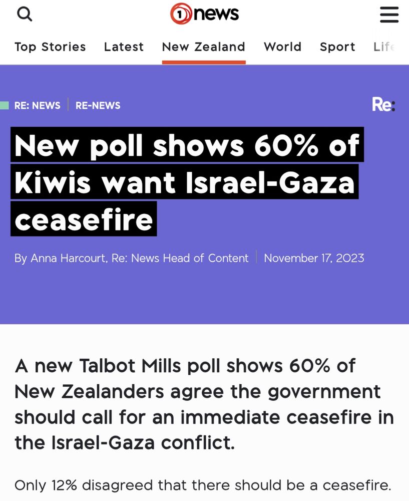 November 2023 article on one news Headline New poll shows 60% of Kiwis want Israel-Gaza ceasefire
