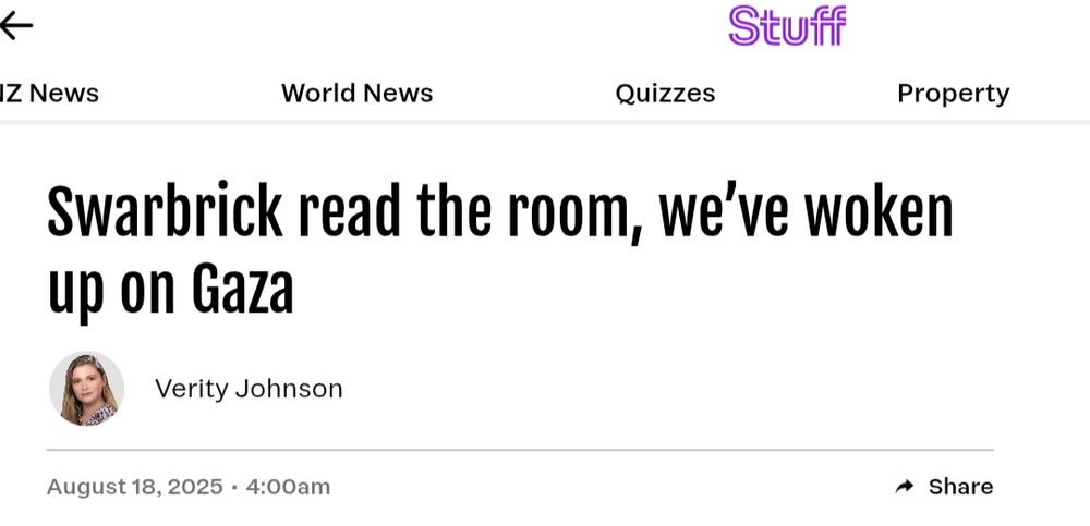 Stuff opinion article by Verity Johnson Headline Swarbrick read the room, we’ve woken up on Gaza