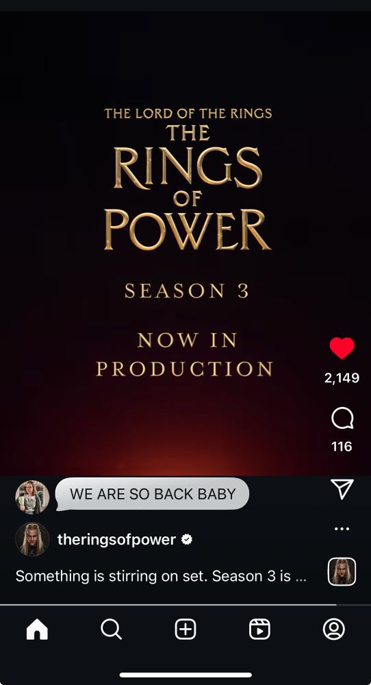 Screenshot from Instagram from the rings of power reading "the rings of power season three: now in production". 