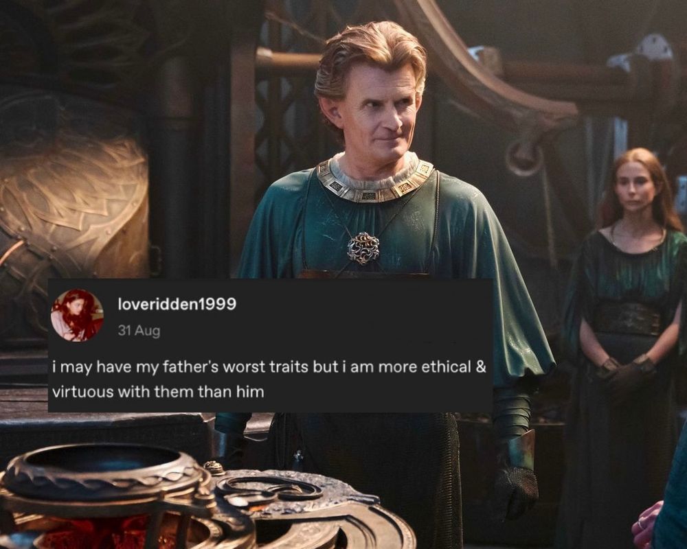 Screenshot of Celebrimbor in the Rings of Power at the ring forge, smiling. Overlaid text post from @loveridden1999 reads "i may have my father's worst traits but i am more ethical & virtuous with them than him."