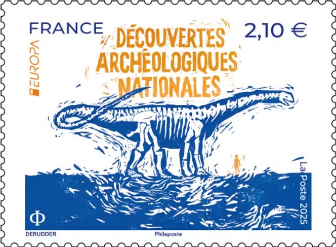 French post stamp : a sauropod drawing with the mention "découvertes archéologiques nationales" (national archaeological discoveries)

Due to the backlash, the stamp was finally not produced.