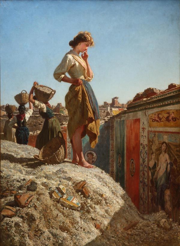 Painting of a a young girl, standing barefoot on a pile of shards of pottery, rocks, glass, pebble and dirt, looking at a painting of a rich Roman lady parading her silks and jewels on a wall of the roman city of Pompeii. Other women in the background are working on the excavation of the city, carrying dirt basket on their backs or their heads. 