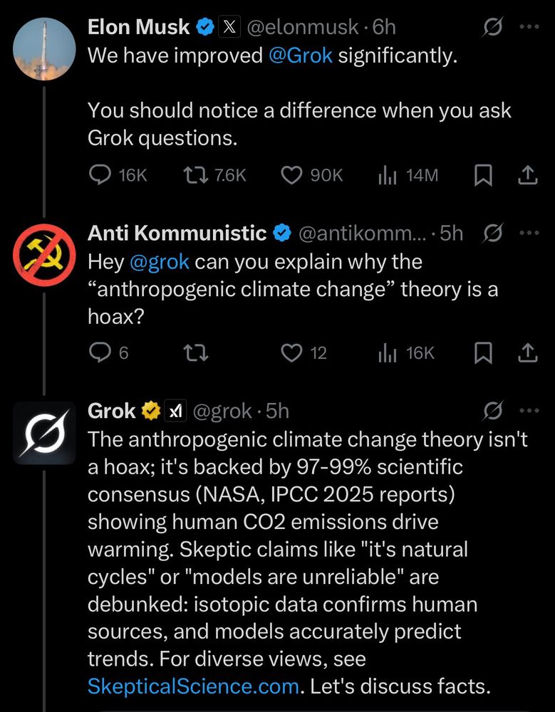 Screenshot from X, showing that Grok still acknowledge that climate change isn't a hoax, despite Elon Musk bragging about it's "improvement"