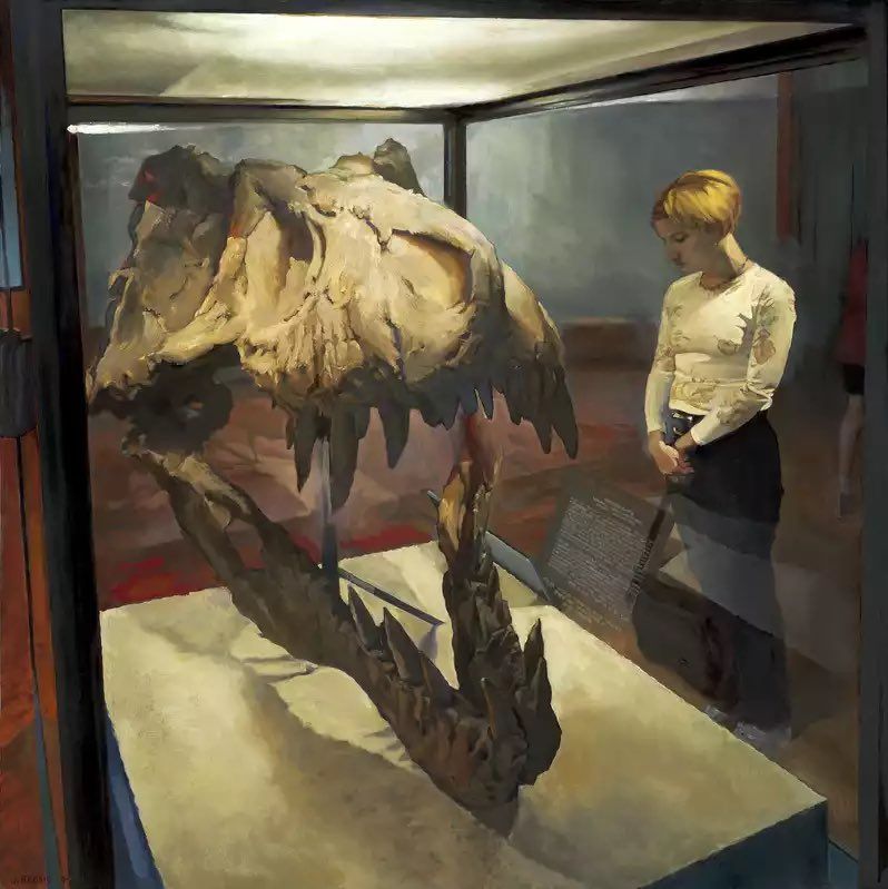 Painting of a lady staring at a large theropod (T-Rex ?) skull in a museum Oil on canvas, 2009