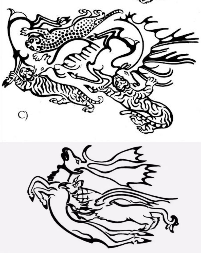 Idealised artistic rendering of Paryzyk tatoos, illustrations by D. Riday. Top : Right forearm tattoo Bottom : Left forearm tattoo Source : Caspari G, Deter-Wolf A, Riday D, Vavulin M, Pankova S. High-resolution near-infrared data reveal Pazyryk tattooing methods. Antiquity. Published online 2025:1-15. doi:10.15184/aqy.2025.10150