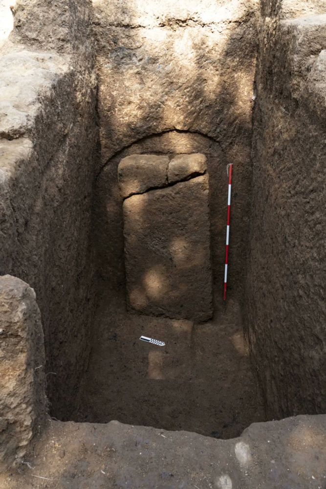External view of the tomb, with the closing slab still in place.