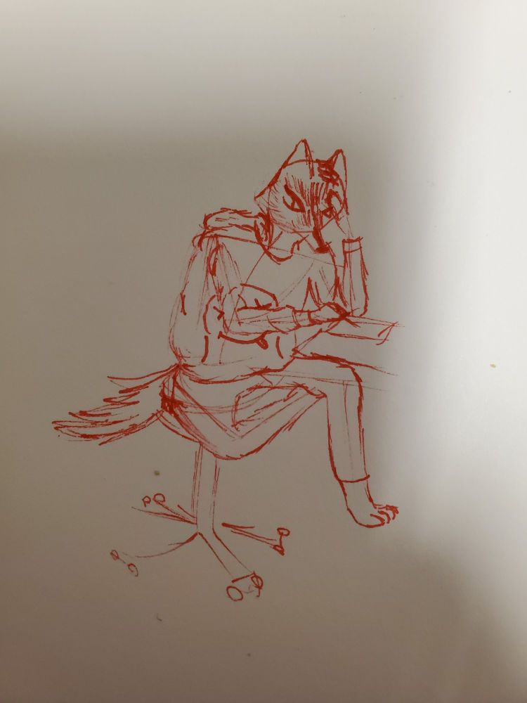 An attempt at a self portrait of one of the artists sonas (a maned wolf) sitting in a chair and drawing. The art is in red pen.