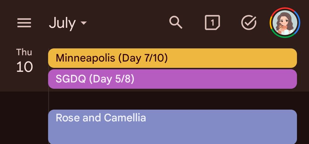 A screenshot of a Google Calendar with "Rose and Camellia" on it. 