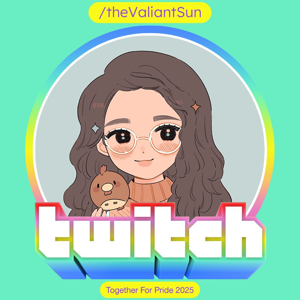 theValiantSun's logo in a rainbow gradient circle with the Together for Pride 2025 Twitch branding