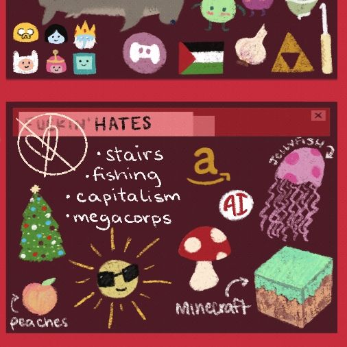close up of the meet the artist post, featuring the artist's hates including: minecraft, jellyfish, mushrooms, amazon, stairs, fishing, and christmas