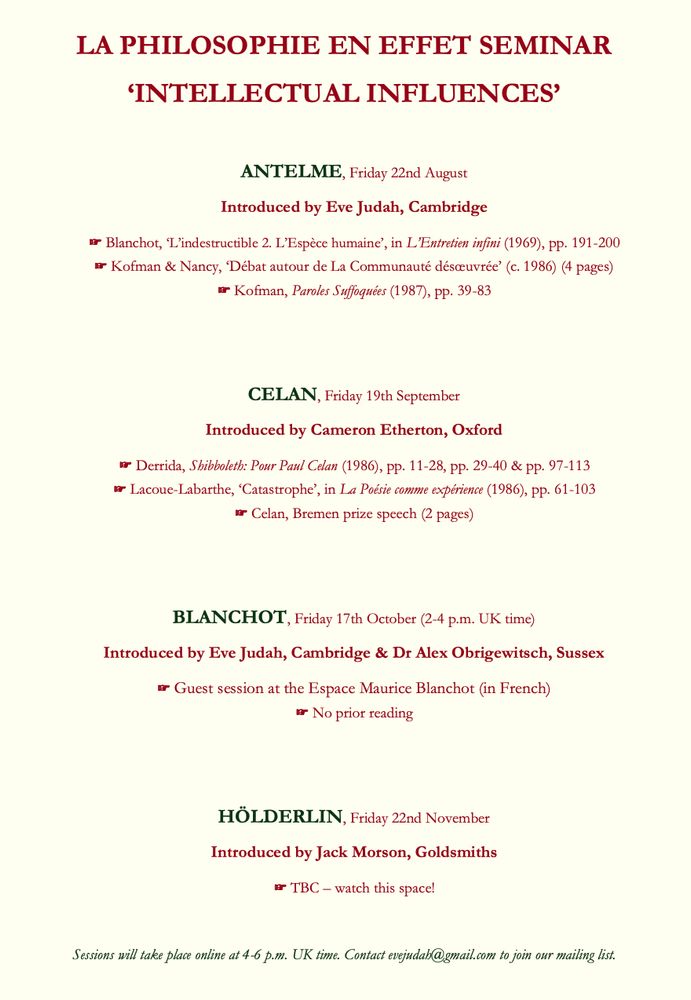 Programme for the upcoming sessions of the 'La Philosophie en effet' seminar