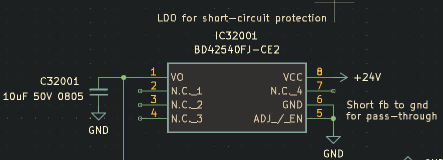 A BD42540 low-dropout regulator with its feedback pin shorted to ground to rail open at all conditions except short-circuit