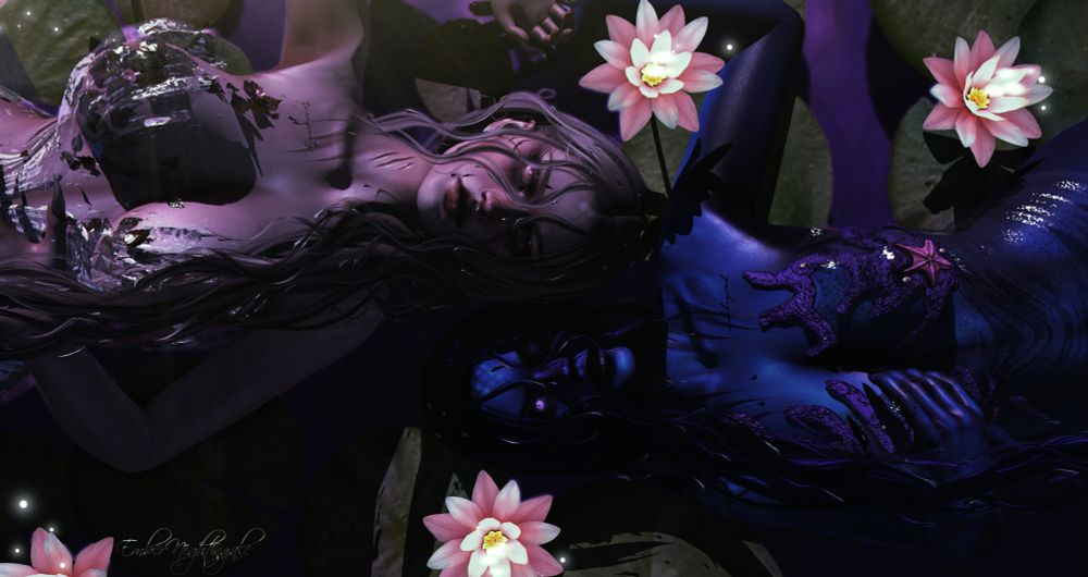 Two ethereal beings lay floating on the waters surface, lilypads and blooms around them. Their hands rest together, showing their connection. One dark and covered in coral and all things of the deep, the other lighter, covered in leaves and blooms of all things that flow. They are sisters but also one and the same, two sides of the same coin, two faces of the same life.