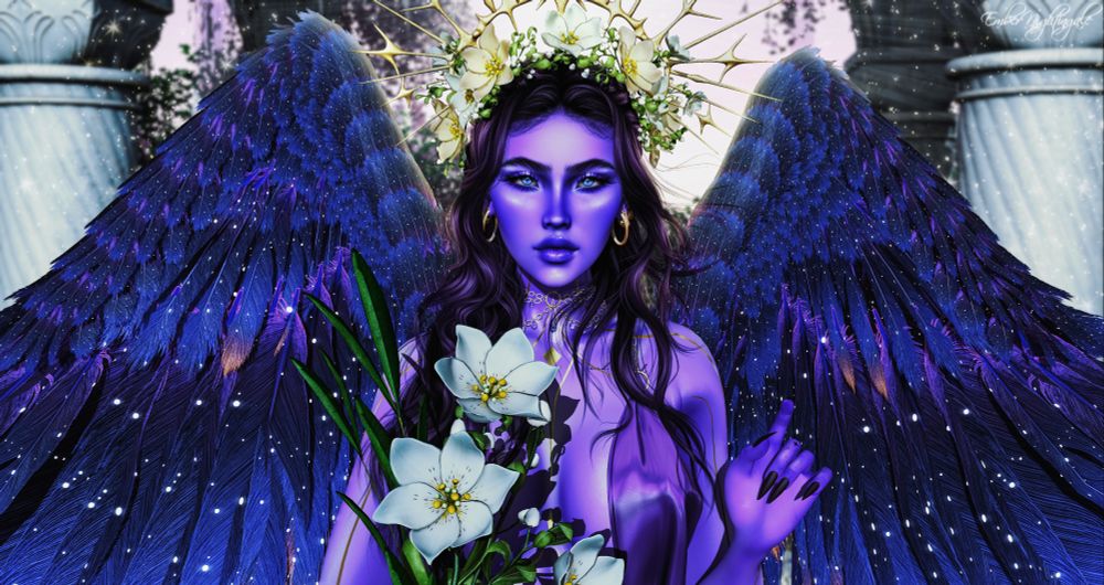 A fantasy figure stands, wings outspread, a halo decorated in flowers. She stands holding a bouquet of white flowers. Light purple skin decorated in intricate gold lines across her form. Piercing blue-purple eyes watch the viewer. The air around her is charged with magic and mysticism. Gold adornments hang from her ears. Dark, rich purple hair falls over her shoulders. She is fierce but also serene, her presence demands respect. She is Artemis.