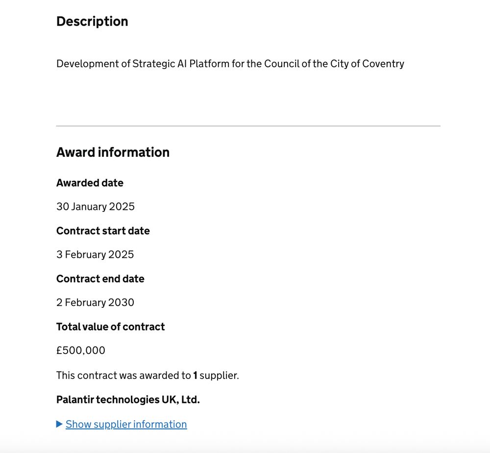 Description of the Coventry Council contract to Palantir for: 