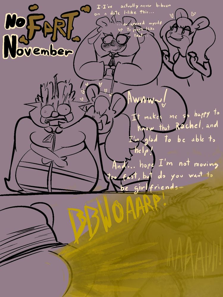 Furry skunk hugs the not-so furry and quite fat skunk from behind, startling them into releasing a plume of unintentional gas. They are blasted away.