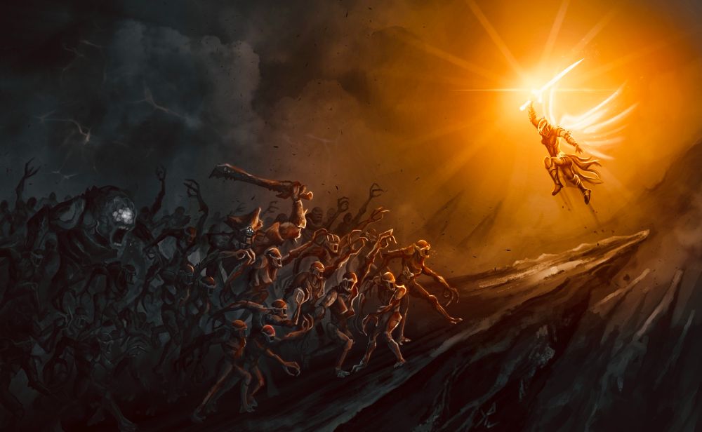 Warlock using Dawnblade to attack a group of hive 