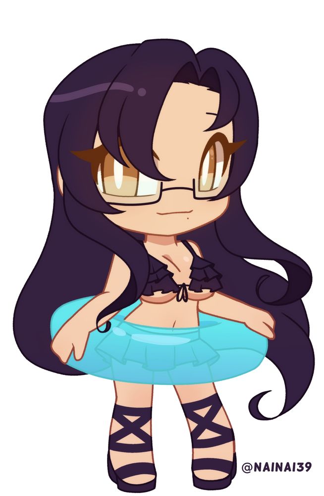A sample drawing of @/sajingu.bsky.social's character for the Summer Chibi YCH Commission.