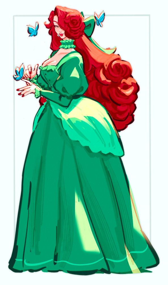 Digital art of @mynotar's Oc, Briar, in a pretty green dress and blue butterflies fluttering around her. 