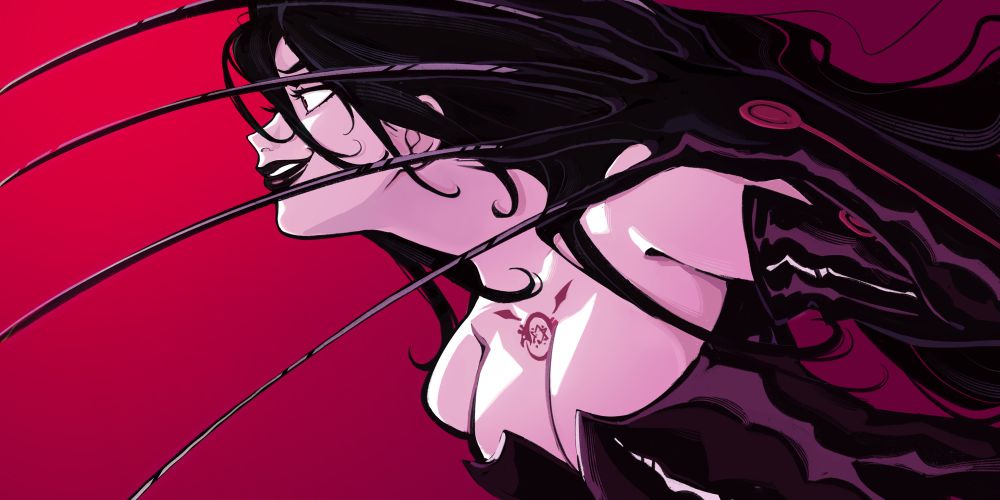 a digital drawing a lust from fullmetal alchemist lunging forward with her sharp nails