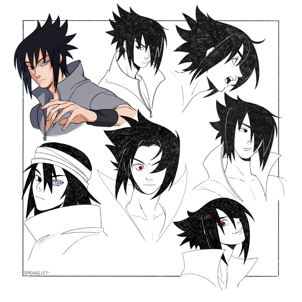 multiple bust drawings of Sasuke Uchiha from Naruto