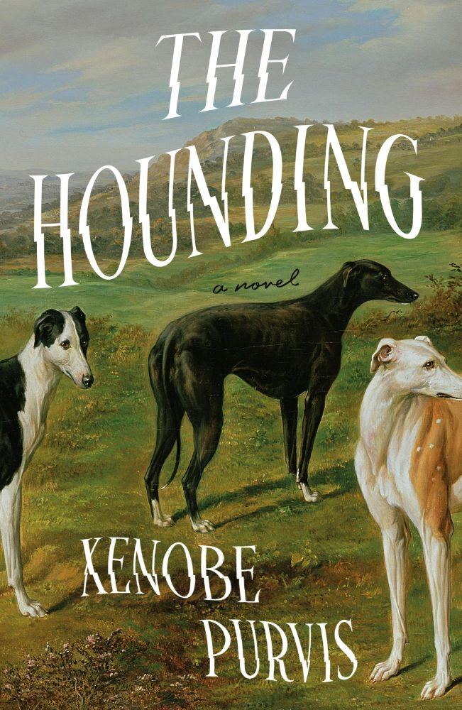 Book cover image: Three greyhound dogs in countryside with text The Hounding by Xenobe Purvis
