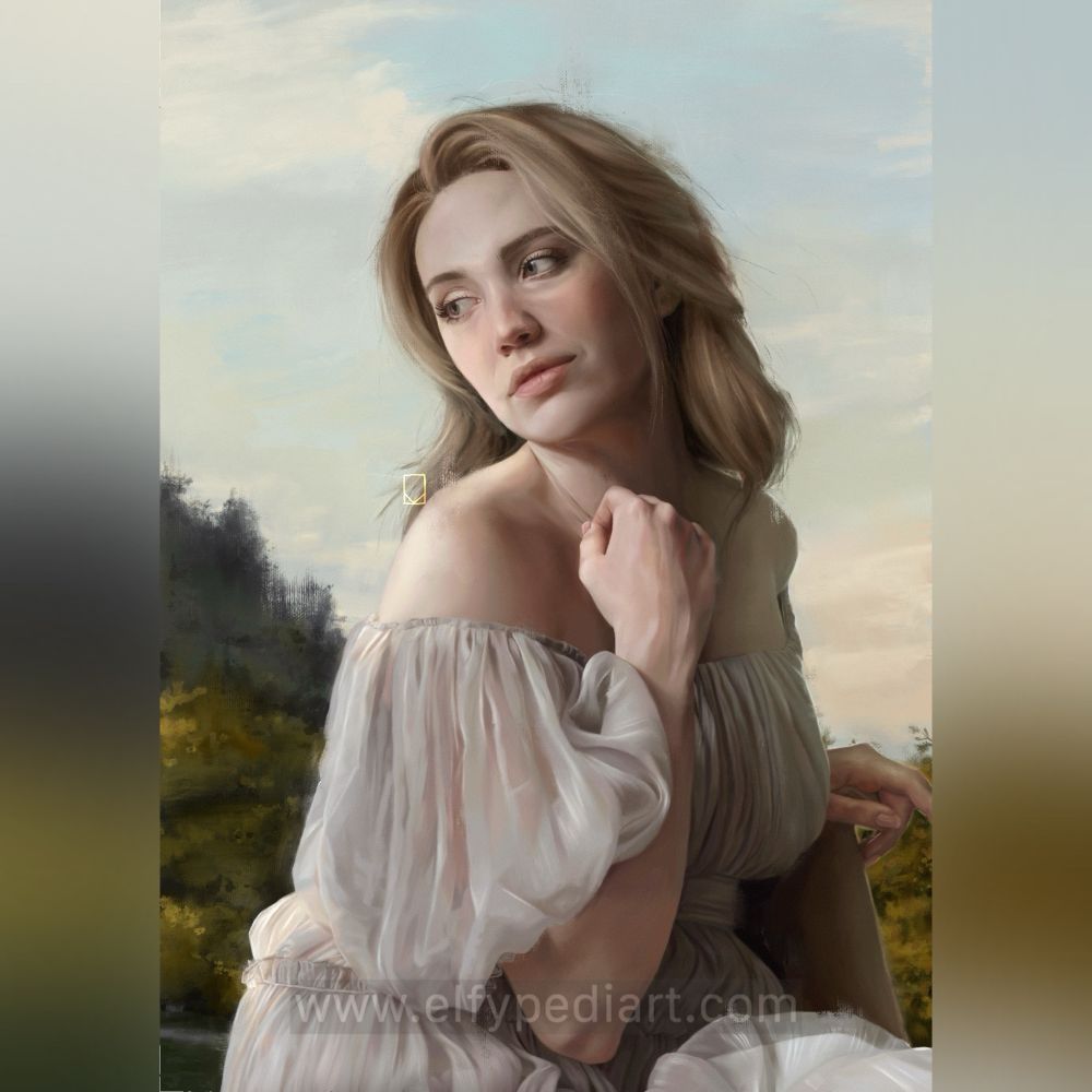 Digital portrait painting in a classical style , of a woman in a flowy dress looking wistfully off to one side. The background is a blue sky in the late evening, amongst trees. 