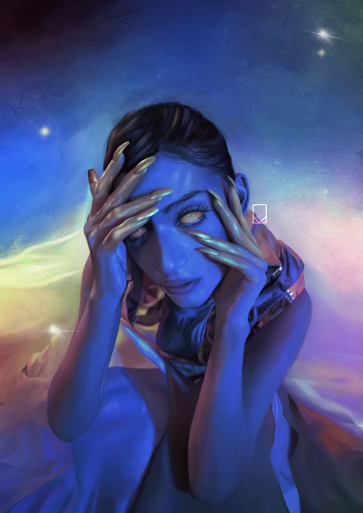 Digital painting of a woman with gold eyes and fingertips, surrounded by a dark rainbow of colours representing the cosmos