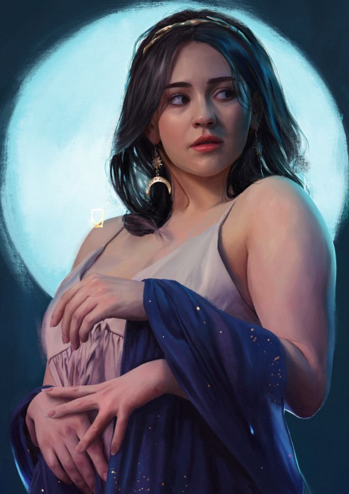 Digital painting of a woman with 3 arms looking mysteriously off to the side 